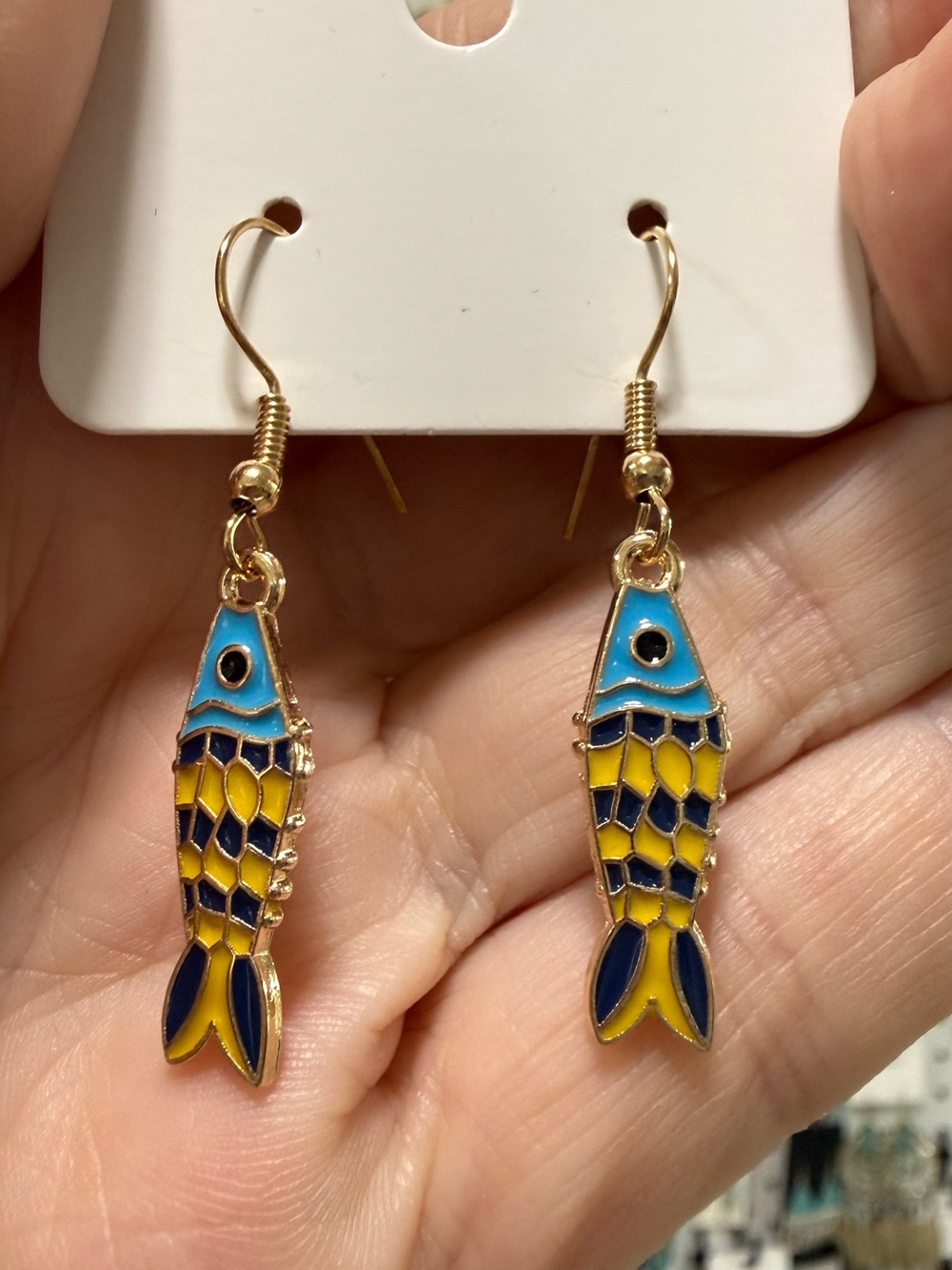 Gold-Tone Blue & Yellow Fish Drop Earrings